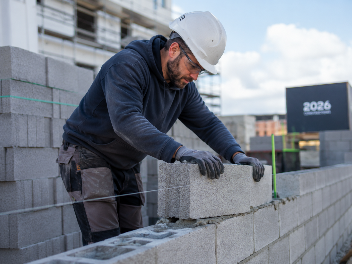 Maçon sur chantier maison individuelle — Plaine du Forez